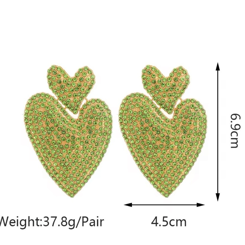 Statement Heart Earrings | Gold-Tone Rhinestone Drop Dangles - Picture 4 of 9